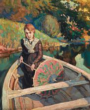 Soren Josva Christensen : A woman with an umbrella in a rowboat